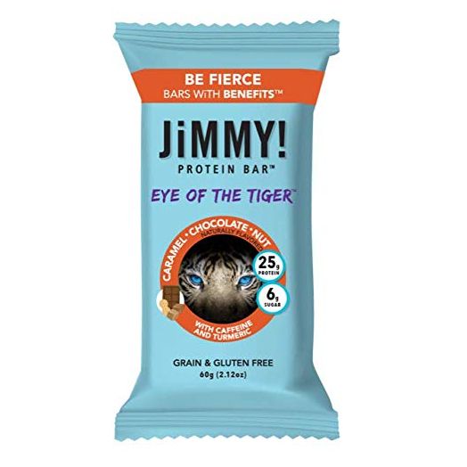JiMMY! Protein Bar, Caramel Chocolate Nut, Eye of the Tiger, 12 Count - High Performance Energy Bar with Caffeine and Turmeric, Low Sugar, 25g of Protein, High Protein