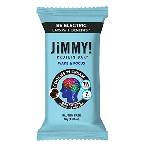 JiMMY! Protein Bar, Cookies and Cream, Wake and Focus, 12 Count - Energy Bar with Caffeine, Omega 3 and MCT Oils, Low Sugar, High Protein