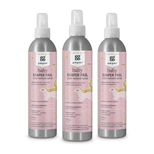 Grab Green Baby Diaper Pail Odor Removal Spray, 5 Ounce (Pack of 3), Refreshing Wild Flowers Scent, Plant and Mineral Based, Neutralizes Stinky Diaper Pail Odors