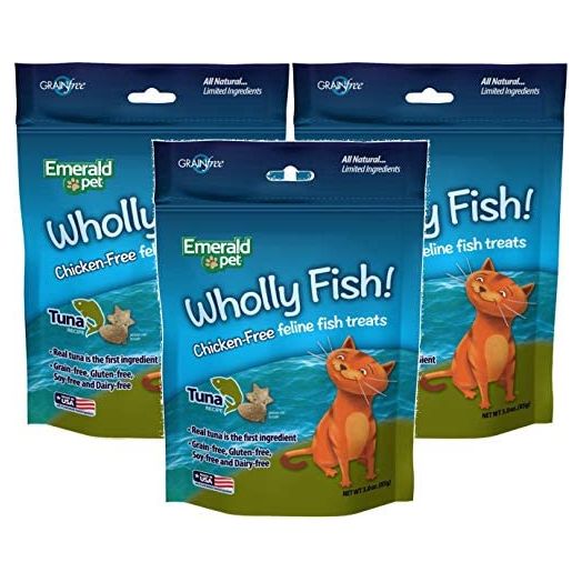 Emerald Pet 3 Pack of Wholly Fish Chicken-Free Tuna Recipe Cat Treats, 3 Ounces Per Pack