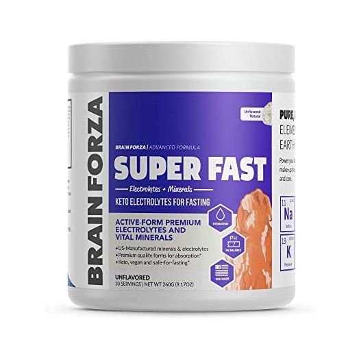 Brain Forza Super Fast Keto Electrolytes for Fasting - Premium Electrolytes, No Sugar or Flavoring w/ Potassium, Sodium, Magnesium, Calcium, Iron, Pink Himalayan Salt, (30srv, Unflavored)
