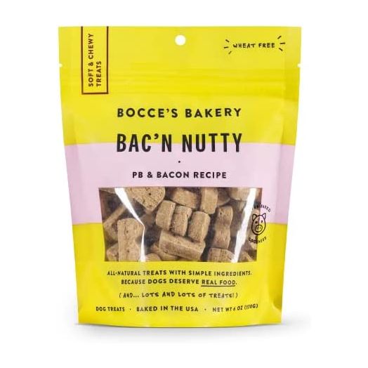 Bocce's Bakery Oven Baked Bac'n Nutty Treats for Dogs, Wheat-Free Everyday Dog Treats, Made with Real Ingredients, Baked in The USA, All-Natural Soft & Chewy Cookies, PB & Bacon Recipe, 6 oz