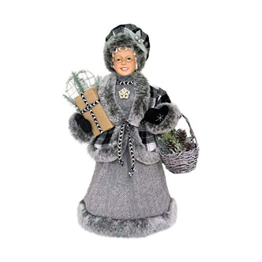 Windy Hill Collection Black & White Stylish Plaid Checkered Mrs. Claus 16" inch Standing Christmas Figurine Figure Decoration 160036