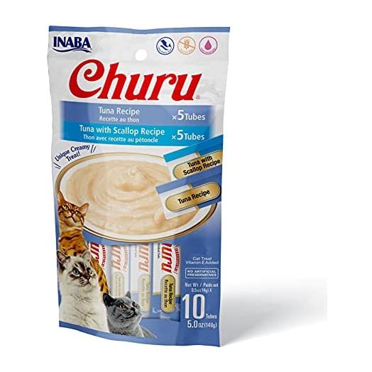 INABA Churu Cat Treats, Grain-Free, Lickable, Squeezable Creamy Purée Cat Treat/Topper with Vitamin E & Taurine, 0.5 Ounces Each Tube, 10 Tubes Total/Two Flavors, Tuna Variety