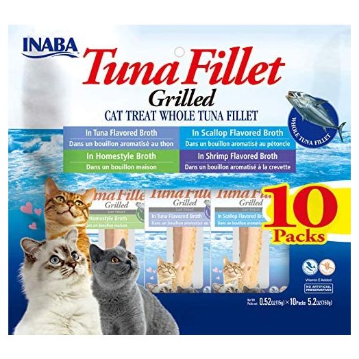 INABA Natural, Premium Hand-Cut Grilled Tuna Fillet Cat Treats/Topper/Complement with Vitamin E and Green Tea Extract, 0.52 Ounces Each, Pack of 10, Variety Pack