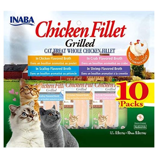 INABA Natural, Premium Hand-Cut Grilled Chicken Fillet Cat Treats/Topper/Complement with Vitamin E and Green Tea Extract, 0.9 Ounces Each