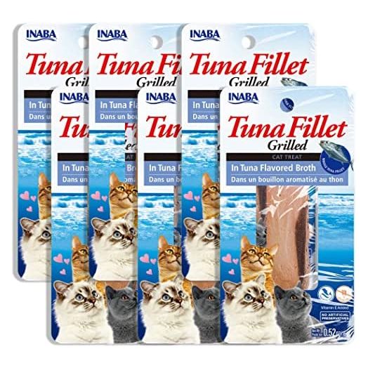 INABA Natural, Premium Hand-Cut Grilled Tuna Fillet Cat Treats/Topper/Complement with Vitamin E and Green Tea Extract, 0.52 Ounces Each, Pack of 6, Tuna Broth