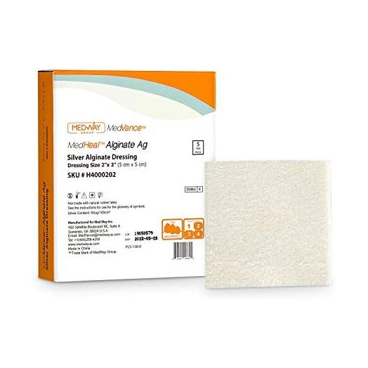 Silver Calcium Alginate Ag Sterile Highly Absorbent Antibacterial Dressing, 2"x2", 5 dressings/Box, MedHeal by MedvanceTM