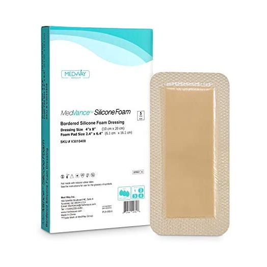 MedVanceTM Silicone, Bordered Silicone Adhesive Foam Dressing Size 4”X8” (2.4"x 6.4" Pad) Box of 5 dressings…