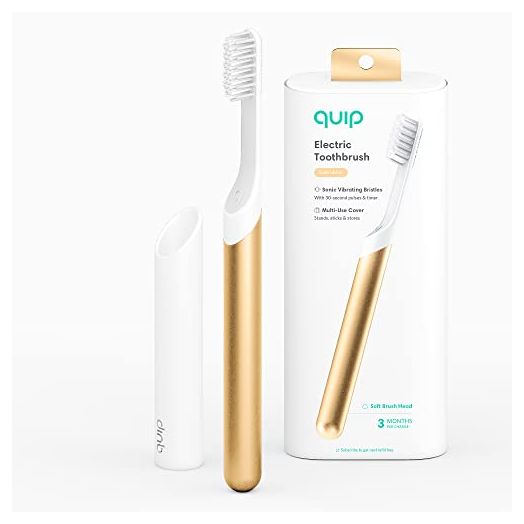 quip Adult Electric Toothbrush - Sonic Toothbrush with Travel Cover & Mirror Mount, Soft Bristles, Timer, and Metal Handle - Gold