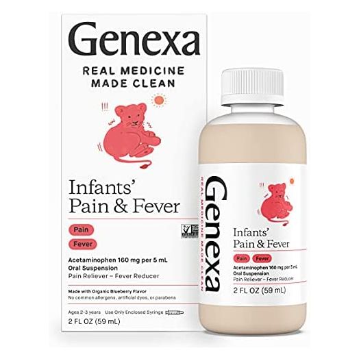 Genexa Infants' Acetaminophen Oral Suspension, for Babies, Temporarily relieves Pain and Fever Symptoms, 160 mg per 5 mL- Organic Blueberry Flavor 2oz