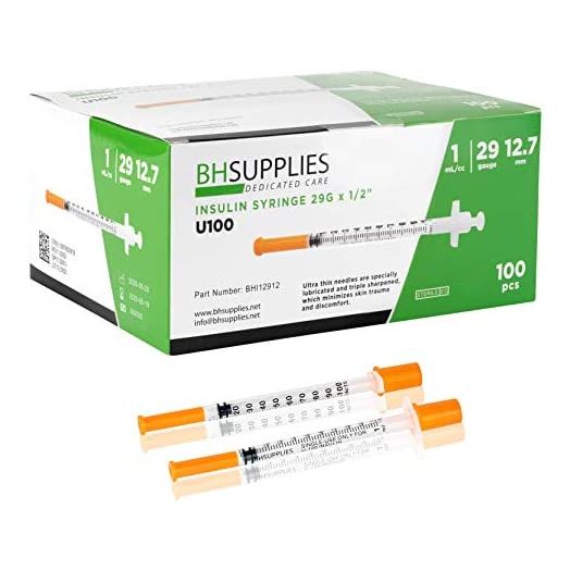 BH Supplies Insulin Syringes U-100 29G 1ml/cc 1/2" (12.7mm) Pcs (Pack of 100)