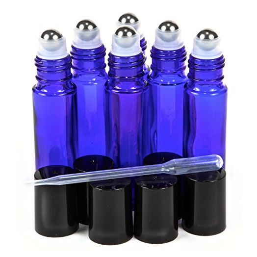 Vivaplex, 6, Cobalt Blue, 10 ml Glass Roll-on Bottles with Stainless Steel Roller Balls - .5 ml Dropper Included