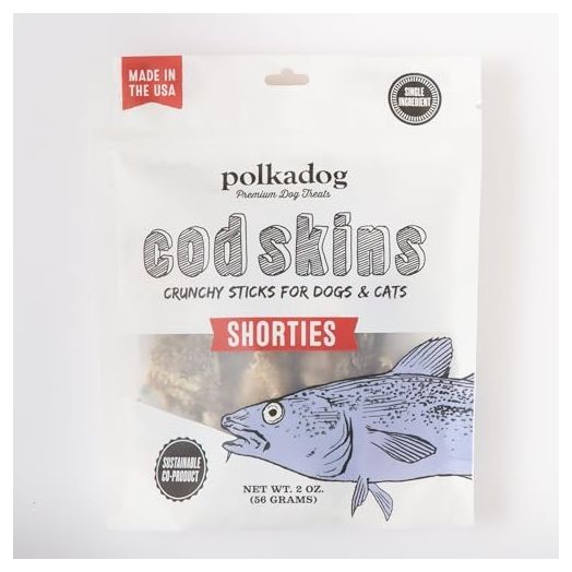 Polkadog Cod Skins Dog Treat - Lean Protein, Made in USA, Single-Ingredient, Grain & Gluten Free, for All Breeds - Crunchy Fish Skin Treat for Teeth Health, 2oz Shortie