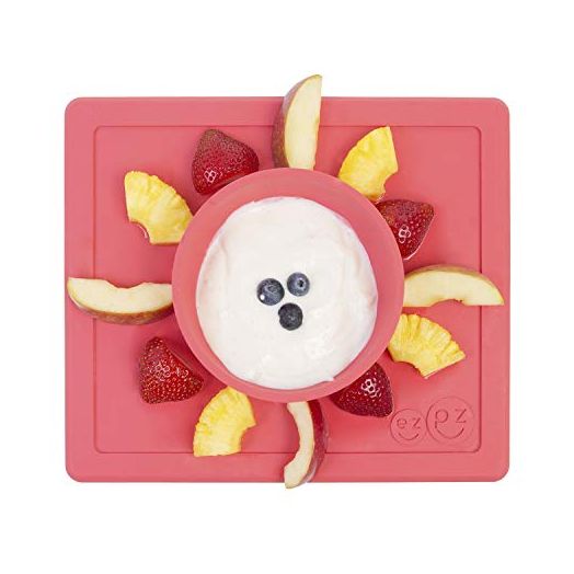 ezpz Happy Bowl (Coral) - 100% Silicone Suction Bowl with Built-in Placemat for Toddlers + Preschoolers - Dishwasher Safe (LMHBC004)