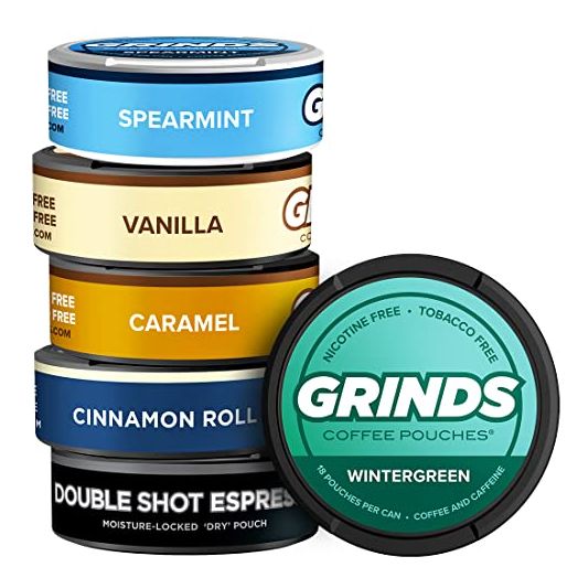 Grinds Coffee Pouches | 6 Can Sampler | Caramel, Espresso, Cinnamon Roll, Vanilla, Wintergreen, Spearmint | Tobacco Free, Nicotine Free Healthy Alternative | 1 Pouch eq. 1/4 Cup of Coffee