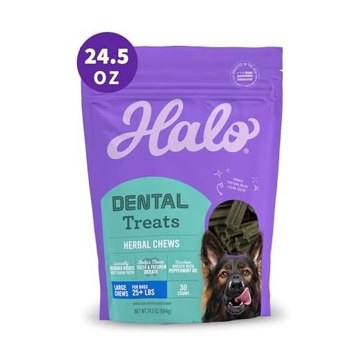 Halo Herbal Dental Treats, Natural, Dental Health, for Large Dogs 25 lbs and Up, 24.5-OZ Pouch, (30 count)
