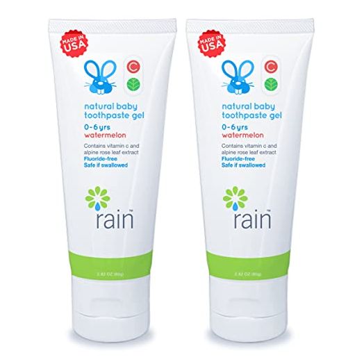 Rain Natural Baby Fluoride Free Kids Toothpaste Gel - Safe to Swallow Infant Toddler Tooth Paste, 2.8 Oz, Babies Training, Ages 6 to 12 months and Up Vitamin C Watermelon Toothpaste for Kids 0-6 years