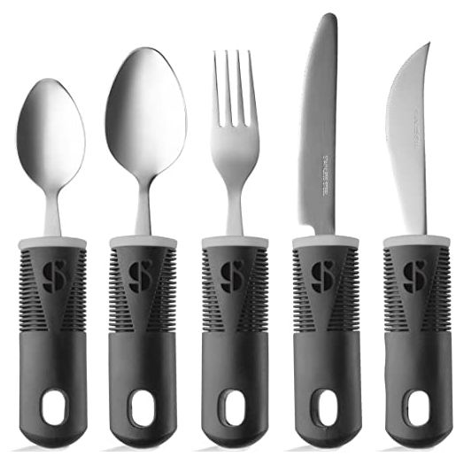 Special Supplies Adaptive Utensils (5-Piece Kitchen Set) Wide, Non-Weighted, Non-Slip Handles for Hand Tremors, Arthritis, Parkinson’s or Elderly use - Stainless Steel Knives, Fork, Spoons - Black