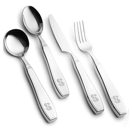 Special Supplies Adaptive Utensils (4-Piece Premium Stainless Steel) Wide, 7oz. Each Heavy Weighted, Non-Slip Handles for Hand Tremors, Arthritis, Parkinson’s or Elderly Use, Knife, Fork, Spoons
