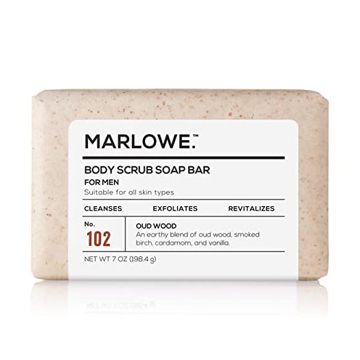 MARLOWE. No. 102 Men's Body Scrub Soap 7 oz | Earthy Oud Wood Scent | Best Exfoliating Bar for Men | Made with Natural Ingredients | Green Tea Extract | Updated Scent