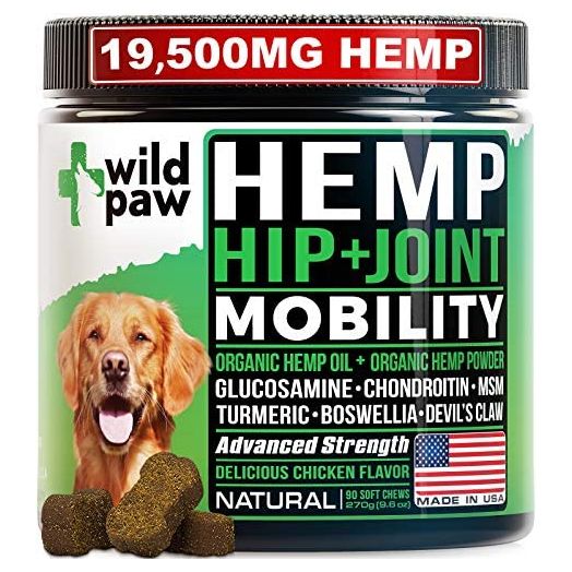 WILDPAW Organic Hemp Treats with Glucosamine for Dogs - Hip & Joint Support Supplement with Turmeric, Chondroitin, MSM, Hemp Oil + Powder - Soft Dog Chews for Pain Relief & Improved Mobility - Natural
