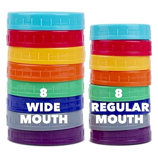 16 Pack Colored Plastic Mason Jar Lids, Ball Jar Lids, Kerr - 8 Regular Mouth & 8 Wide Mouth Mason Jar Lids Wide Mouth Canning lids for Canning Jars, Reusable Mason Jar Plastic Lids for Yogurt