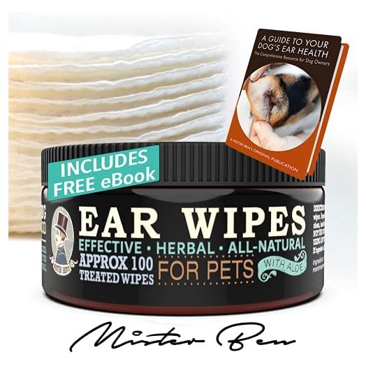 Mister Ben's Original XXL Treated Ear Cleaner Wipes w/Aloe for Dogs, Cats Small Pets – Most effective wipes that soothe & clean odors, itching, and irritations – Approx 100 extra large 3" Pads
