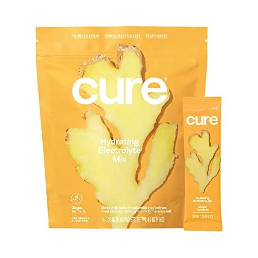 Cure Hydrating Electrolyte Mix | Electrolyte Powder for Dehydration Relief | Made with Coconut Water | No Added Sugar | Vegan | Paleo Friendly | Pouch of 14 Hydration Packets - Ginger Turmeric Flavor