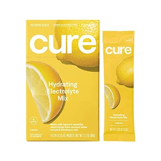 Cure Hydrating Electrolyte Mix | Electrolyte Powder for Dehydration Relief | Made with Coconut Water | No Added Sugar | Vegan | Paleo Friendly | Box of 8 Hydration Packets - Lemon
