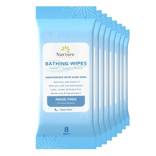 Rinse Free No Shower Bathing Wipes (8-Pack) | 64 Microwavable Adult Cleansing Body Bath Wash Cloths with Aloe Vera & Vitamin E - No Water Required - Latex Lanolin & Alcohol Free - 8 Packs of 8 Wipes