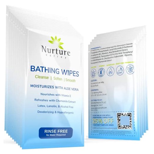 Rinse Free No Shower Bathing Wipes (40 Pack) | Individual Travel Gym Waterless Adult Body Bath Wash Cloths with Aloe Vera & Vitamin E - 40 Packs