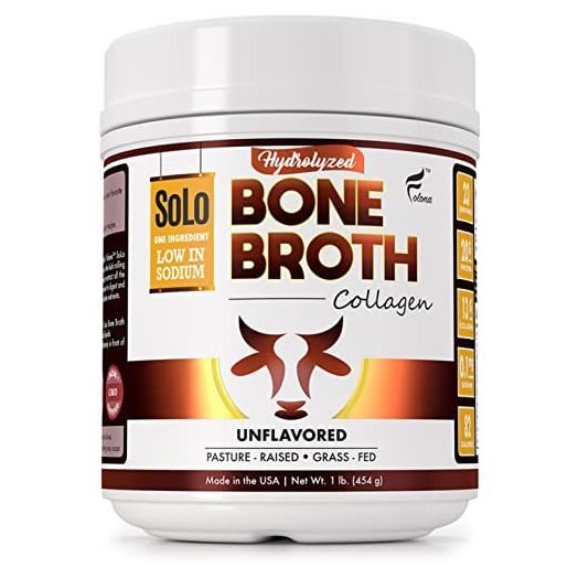 Solo Bone Broth Protein Powder, Low Sodium, Pure Hydrolyzed Collagen, For Healthy Skin, Nails, Hair, Joints & Digestion, Grass Fed, Non-GMO, Gluten Free, Paleo & Keto Friendly, 20g Protein Per Serving