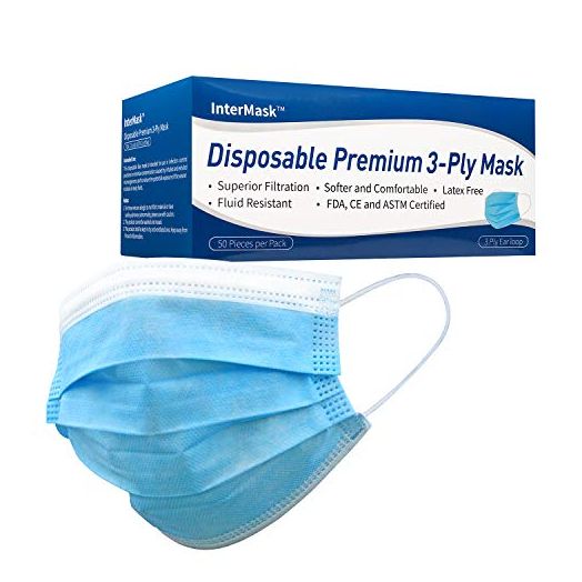 InterMask ASTM Level 3 Disposable 3-Ply Face Masks for General Use, Home, Office, School, Restaurants, 50ct Box (Pack of 1)