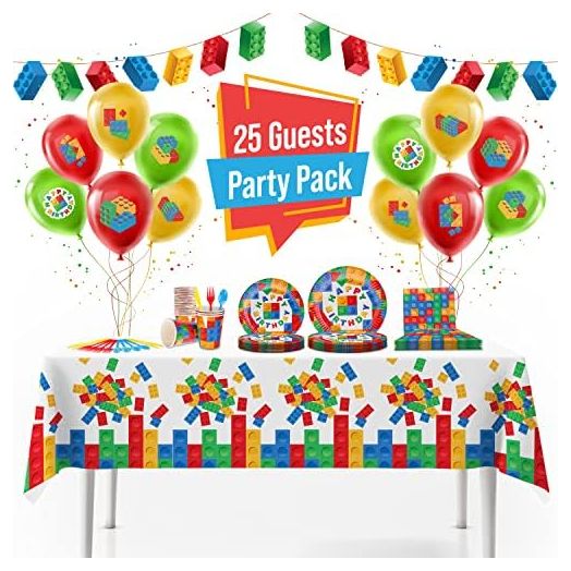 Building Block Birthday Party Supplies Set | Baby Boy Toddler Kids Birthday Brick Decorations – Cups Plates Signs Napkins Balloons Tablecloth Utensils – Decorations for Boys and Girls – Serves 25