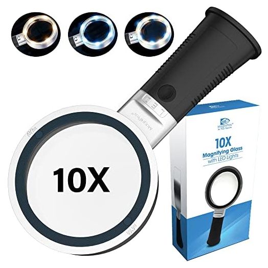 MagniPros Large 10X Magnifying Glass with 3 Light Modes Anti-Glare LED Lighted Reading Magnifier with Self-Standing Handle for Hobbyists, AMD, Reading Fine Print, Seniors, Inspection, Coin, Jewelry