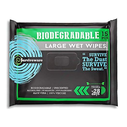 Surviveware Biodegradable Wet Wipes, Face and Body Wipes for Post Workout and Camping, Wipes for Adults, Large Wipes, 15 Count