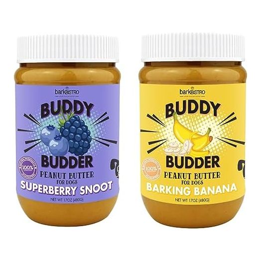 Bark Bistro Company, Superberry Snoot + Barkin' Banana, 100% Natural Dog Peanut Butter, Healthy Dog Treats, Stuff in Dog Toy, Dog Enrichment - Made in USA (Set of 2 / 17oz Jars)
