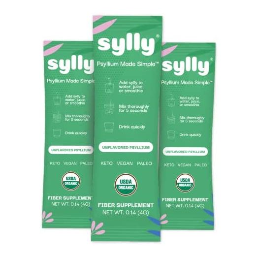 Fiber Supplement Organic Soluble Psyllium Husk Non-GMO, Gluten Free, No Sugar, Effective Prebiotic, 14 On-The-Go Single Serve Stick Packs by Sylly