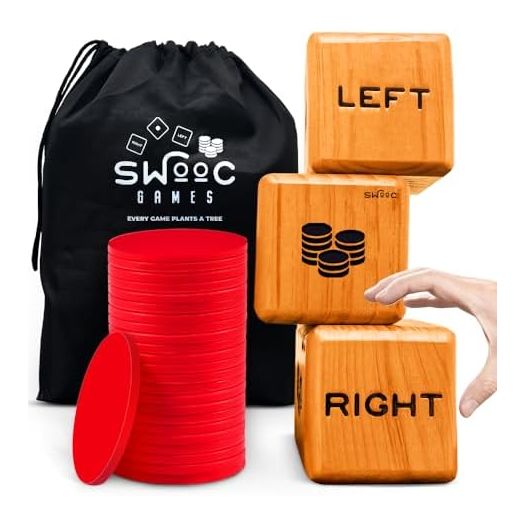 SWOOC Games - Giant Right Center Left Dice Game (All Weather) with 24 Large Chips & Carry Bag - Jumbo Wooden Lawn Game - Big Backyard Game for Family - Indoor/Outdoor