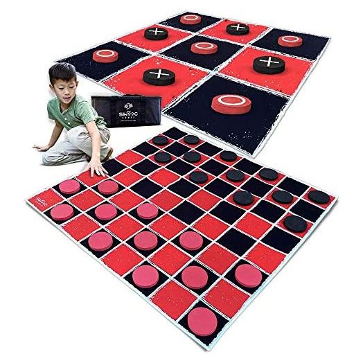 SWOOC Games 2-in-1 Vintage Giant Checkers & Tic Tac Toe Game with Mat, 4ft x 4ft