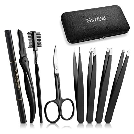 Professional Eyebrow Kit - 8Pack Multipurpose Eyebrow Grooming Kit for Women & Men - Eyebrow Trimming Kit - Eyebrow Tweezer Kit With Razor, Pencil, Eyebrow Scissors and Brush with Comb & Portable Case