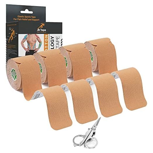 JB PreCut Kinesiology Tape 4 Rolls - Water Resistant, Latex Free Athletic Body Tape for Joint & Muscle Pain,Sports Recovery & Support. Includes Scissors & Manual. (Beige)