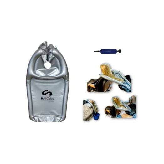 Inflatable Hair Washing Funnel for Shampooing Hair in Any Chair and Basin. Portable Tray Device to Use at Home, in Salon, Nursing Home or Hospital Cape to Help Keep Clothes Dry Pump Included!