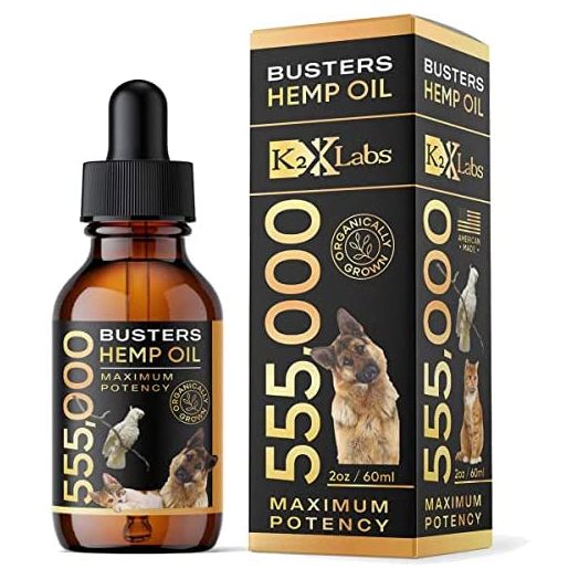 K2xLabs Buster's Organic Hemp Oil for Dogs and Pets, 555,000 Max Potency, 2 Month Supply, Large 60ml Bottle, Made in USA - Miracle Formula with Omega 3, 6, 9 - Natural Relief for Joints, Calming