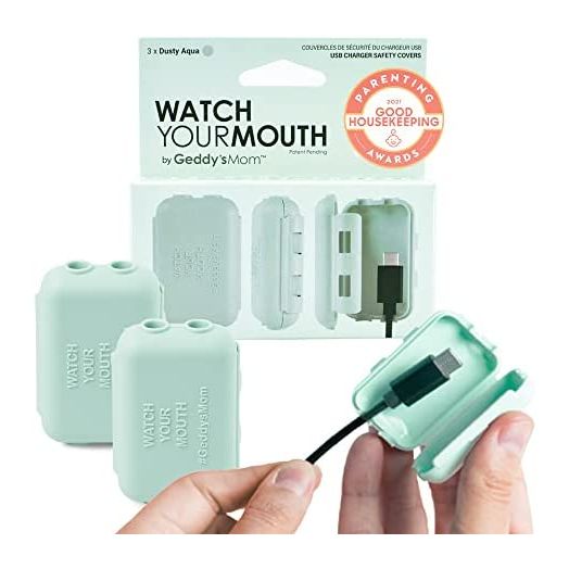 Geddy's Mom - Watch Your Mouth - The Award Winning USB Charger Child Safety Cover - Made in The USA - Baby Proofing Toddler Shock Prevention (3 Pack Dusty Aqua)