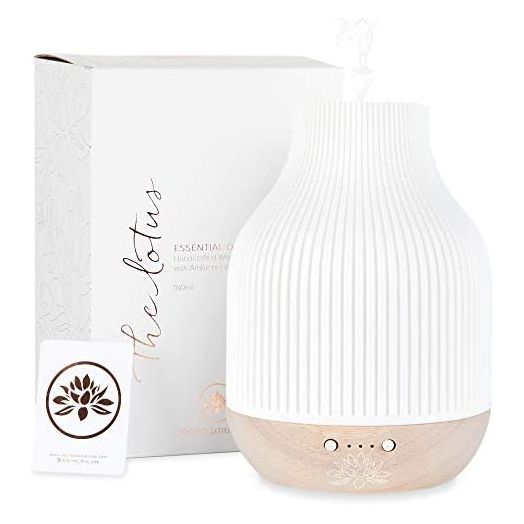 Essential Oil Diffuser Lamp, White Ceramic + Wood, Ultrasonic 180ml, Whispersoft, 4 Timers + 5 Light Settings, Auto Shut Off, Home + Office, Humidifier Air Purifier Aromatherapy