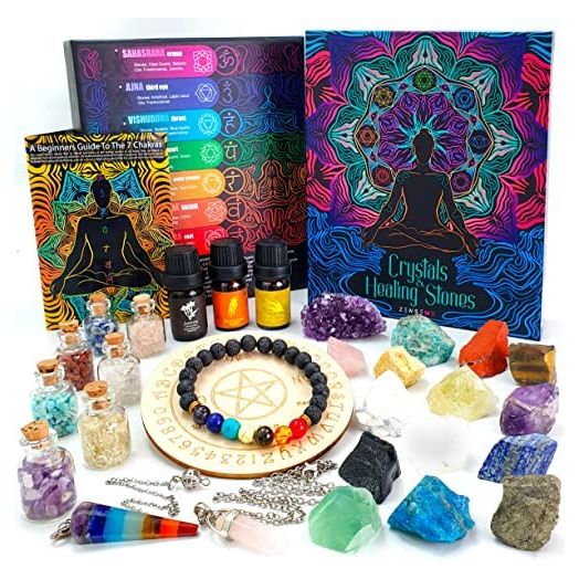 Crystals and Healing Stones Set 31Pcs - 14 Real Raw Chakra Rocks, 7 Gemstones Bottles, 3 Essential Oils, Pendant Necklace, Pendulum + Board, Amethyst Cluster, Bracelet, Bag, Beginners Guide by ZenseMe
