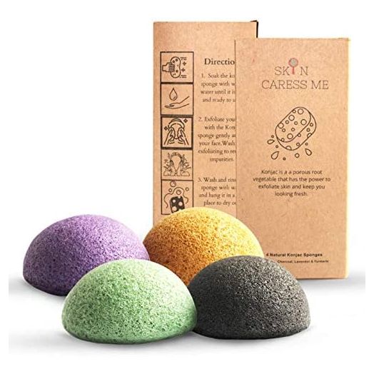 Organic Natural Facial Konjac Sponge and Face Scrubber - Buff Puff for Gentle Face Exfoliation Deep Pore Facial Cleansing Sponge – Aloe Vera, Activated Charcoal, Lavender, Turmeric – 4pc. Set