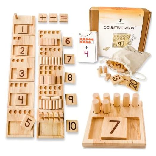 LITTLE BUD KIDS Counting Pegs - A Ten Frame Math Game with Addition and Subtraction Flash Cards, A Wooden Montessori Math Toy & Math Manipulatives Number Peg Boards for Kids 3 4 5 6 7